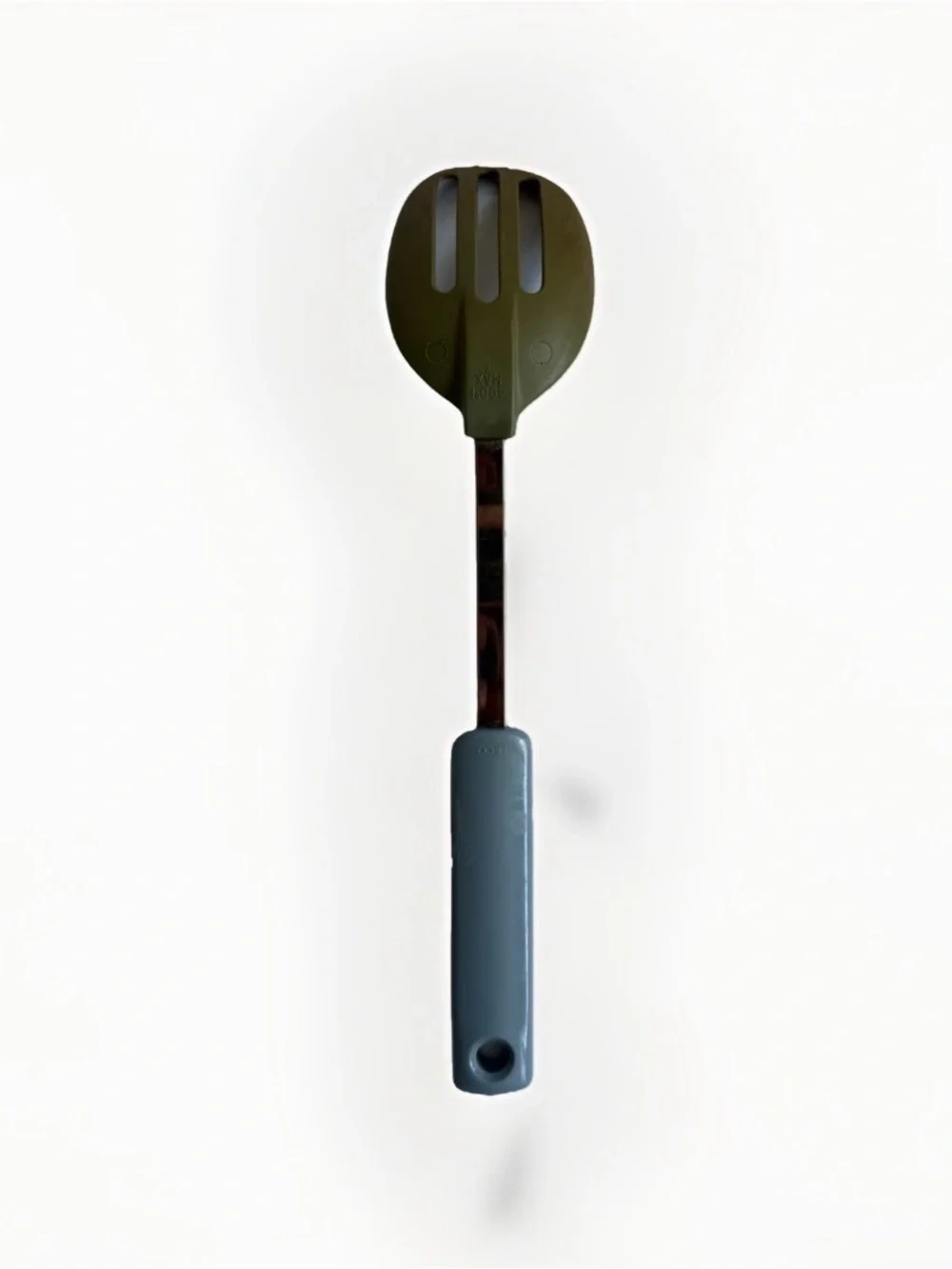 Vintage EKCO Slotted Serving Spoon Olive Green Nylon Blue Plastic Handle USA 70s